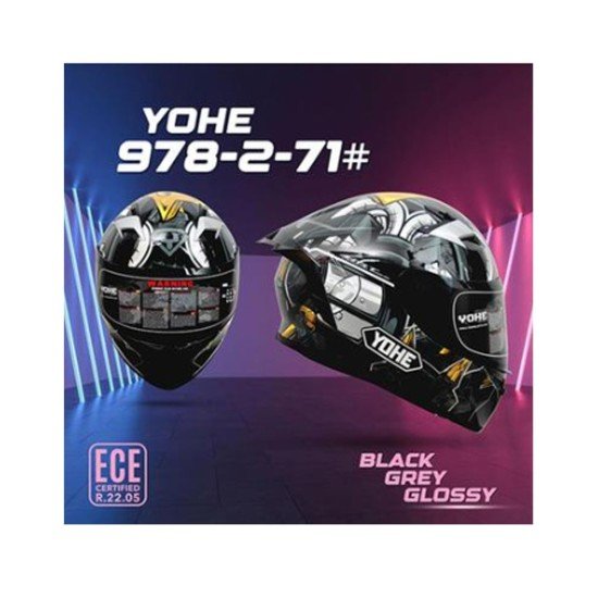 Yohe 978-2-71 Black Grey Glossy Full Face Helmet